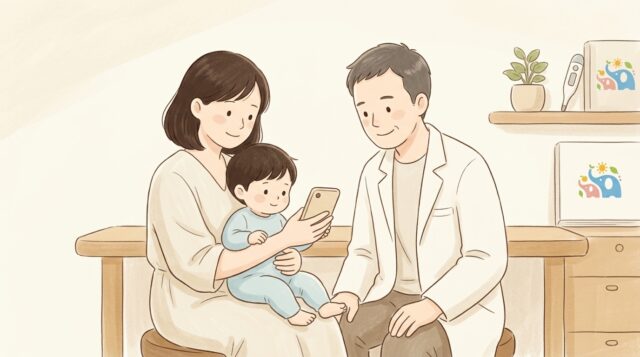 「病院に着いたら子供のぶつぶつ・じんましんが消えた！はよくあること」のイメージイラスト