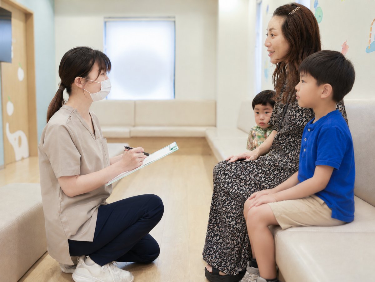 看護師が問診票を手に親子から話を聞く様子